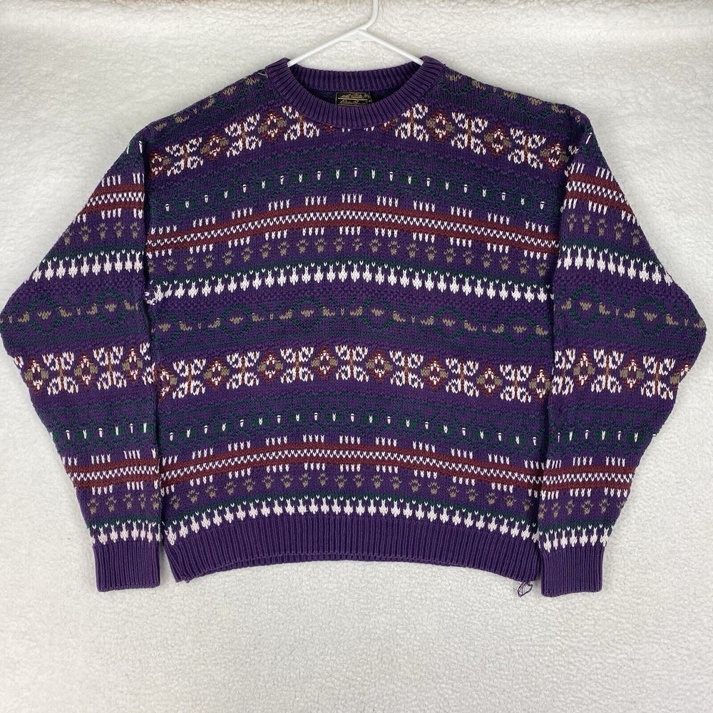 Vintage Eddie Bauer Sweater Mens Size L Purple Geometric Nordic Pullover *READ*